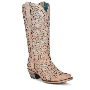 CORRAL WOMENS NUDE GLITTER FLORAL INLAY & STUDS BOOTS